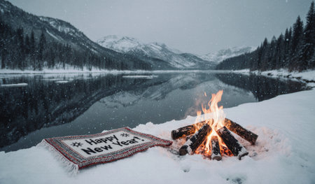 A cozy fire crackles by a serene lake surrounded by snowy mountains. A festive blanket with a warm message adds charm to this peaceful setting, perfect for welcoming the New Year.の写真素材