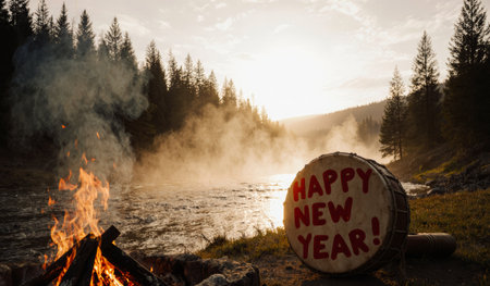 Enjoy the peaceful sounds of nature as flames dance in the campfire. A large drum with a festive greeting sits beside the river, welcoming the new year with warmth and joy.の写真素材