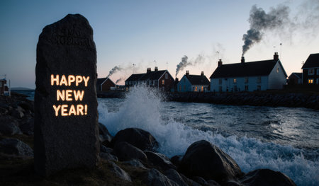 A large stone inscribed with Happy New Year! stands near a lively shoreline. Waves crash against...