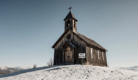 A rustic wooden church sits atop a snow-covered hill, surrounded by a serene winter landscape. A bright sign out front joyfully wishes everyone a Happy New Year.の写真素材