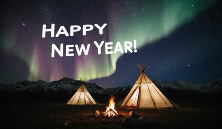 A joyful New Year celebration takes place at night under vibrant auroras. Two tents stand beside a crackling campfire, creating a warm atmosphere amidst snowy mountains.の写真素材