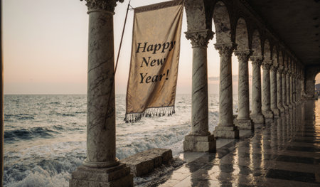 A festive banner wishes everyone a happy new year, hanging between beautiful marble columns. Waves gently lap against the stone walkway as the sun sets, casting a warm glow on the scene.の写真素材