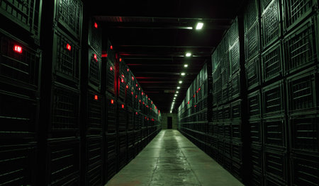 A long, dark corridor filled with stacked black crates creates an eerie atmosphere. Red lights flicker amid shadows, enhancing the sense of mystery and the unknown.の写真素材