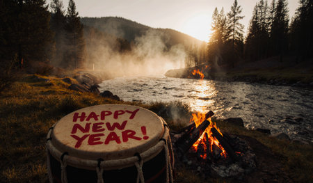 A vibrant celebration unfolds by a flowing river as the sun sets behind the mountains.の写真素材