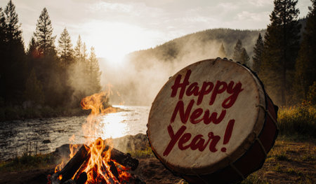 A vibrant drum rests by a warm fire, welcoming the New Year. Soft light filters through the trees as the river flows gently, creating a festive ambiance for gathering and celebration.の写真素材