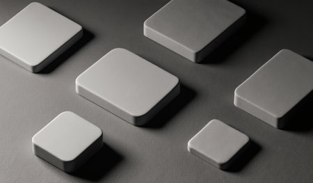 A series of smooth, gray rectangular shapes in various sizes lay on a dark surface. Soft light casts gentle shadows, highlighting their minimalist design. The scene evokes calmness and simplicity.の写真素材