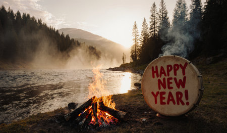 A drum sits by a crackling fire along a misty river as the sun rises. The scene captures the spirit of celebration with wishes for a joyful New Year and the tranquility of nature.の写真素材