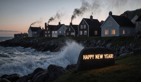 A coastal village basks in the glow of evening as waves crash against rocks. Smoke rises from chimneys, and houses shine with warm lights. A large rock displays a cheerful message.の写真素材