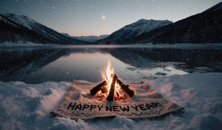 In a serene winter landscape, a crackling fire burns on a cozy blanket by a frozen lake, surrounded...