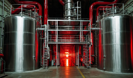 Inside a modern industrial facility, large silver tanks stand tall, adorned with vivid red pipes. The scene is illuminated by a warm glow from the deep end, creating a striking visual.の写真素材