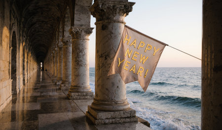A joyful banner hangs from a marble column along a serene seaside promenade. Waves gently crash against the stones as the sun sets, casting a warm glow on the scene, filled with hope and celebration.の写真素材