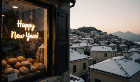 A charming bakery window displays a glowing Happy New Year sign. Outside, a quaint village covered in snow reveals rooftops and distant mountains as the day begins to dawn.の写真素材