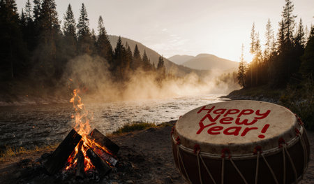 As the sun sets behind the mountains, a campfire crackles beside a rushing river. A drum decorated with a cheerful greeting adds spirit to the New Year celebration in nature's embrace.の写真素材