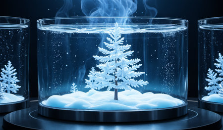 A serene winter scene features small frosty trees encased in glass domes. Soft mist swirls around...