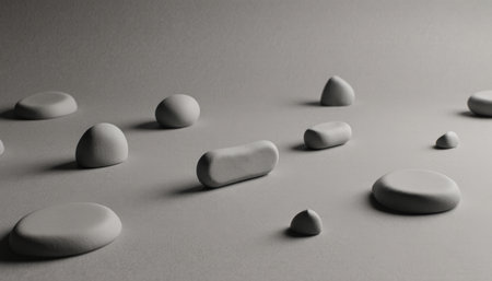 Various gray stones with smooth textures are scattered across a simple, light gray surface. The shapes vary from rounded to elongated, creating a peaceful and minimalistic scene.の写真素材