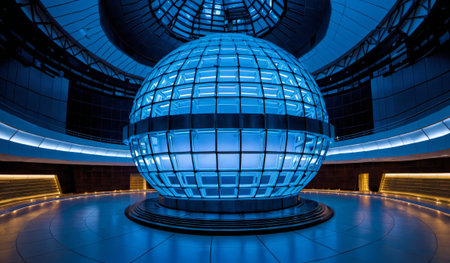 A stunning spherical structure illuminated in vibrant blue light stands in a sleek, modern space. The architecture highlights clean lines and futuristic design, creating an inviting atmosphere.の写真素材