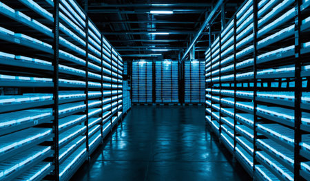 Bright blue lights illuminate a spacious storage facility filled with neatly arranged shelves. The illuminated aisles create a futuristic atmosphere, enhancing the organized layout of the space.の写真素材