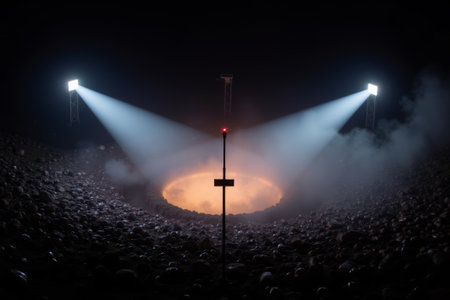 An otherworldly scene unfolds as beams of light illuminate a glowing pit surrounded by dark rocks. Fog drifts in the air, creating an eerie atmosphere at this unique location.の写真素材