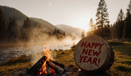 Gathered by the river, friends enjoy a warm fire as the sun sets behind the mountains. The air is filled with excitement as they welcome a new year, surrounded by nature's beauty.の写真素材