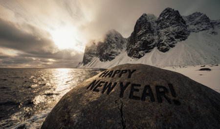 A rocky beach scenery welcomes the New Year with a message carved into stone. Snowy mountains rise majestically against a dramatic sky, as waves gently lap at the shore.の写真素材