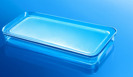 Sleek and modern, the transparent blue tray sits flat on a shiny surface, casting subtle reflections while showcasing its elegant design. Perfect for serving or display.の写真素材