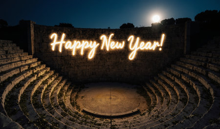 Festive lights spell out Happy New Year in an ancient amphitheater, illuminated by the full moon's glow. The tranquil atmosphere invites celebration and reflection on the year ahead.の写真素材
