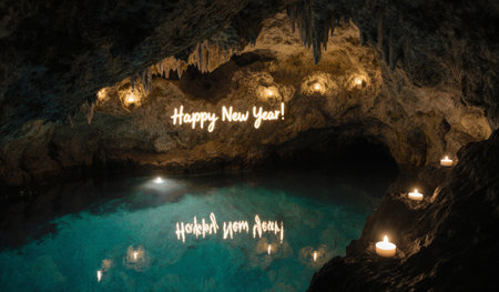 A peaceful cave scene captures the essence of celebration, with candles illuminating the water and a festive message wishing a joyful New Year. The calming atmosphere invites reflection.の写真素材