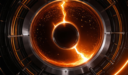 Vivid sparks of orange and yellow energy whirl around a dark center, creating a mesmerizing display. This dynamic scene evokes feelings of power and mystery in a futuristic setting.の写真素材