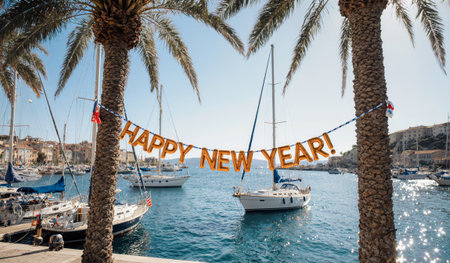 Colorful decorations hang over the marina as boats gently rock in the clear blue water. Palm trees sway in the warm sunlight, creating a cheerful atmosphere for the new year.の写真素材