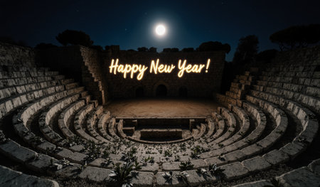 Under the bright moonlight, an ancient theater stands in quiet beauty. The words 'Happy New Year!'...