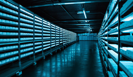 A long corridor in a dimly lit warehouse shows rows of neatly organized shelves filled with storage boxes. Blue lighting casts an eerie glow, creating a mysterious atmosphere in the scene.の写真素材