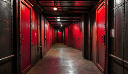 A long corridor stretches ahead, illuminated by a warm red glow. Each door stands closed, hinting at secrets within. The metal walls and industrial decor create an eerie yet fascinating ambiance.の写真素材