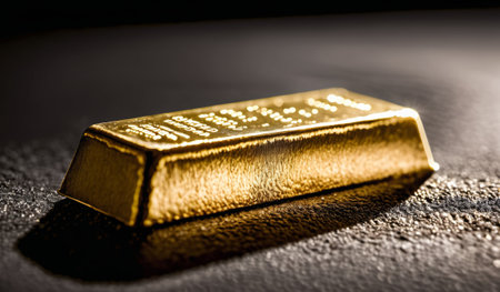 A gleaming gold bar lies on a dark surface, catching the light. The rich texture and shine reflect wealth and luxury, creating a dramatic focus in a simple yet elegant setting.の写真素材
