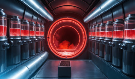 Inside a futuristic laboratory, glowing red containers line the walls, casting an eerie light. A circular opening reveals a swirling fog, hinting at experiments taking place in this unique space.の写真素材