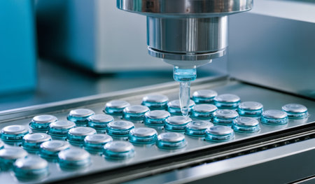 In a modern pharmaceutical lab, a high-tech machine precisely fills vials with liquid for vaccine...