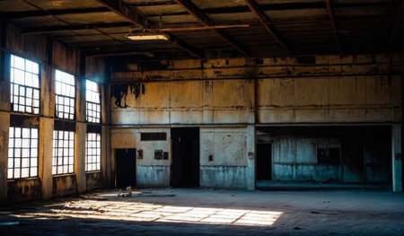 Rusting metal and peeling walls create a haunting atmosphere in this deserted factory.の写真素材