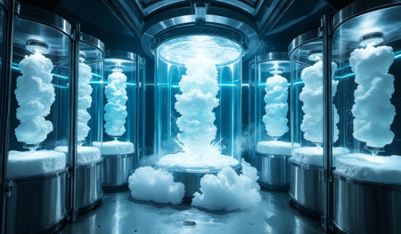 In a high-tech laboratory, tall glass chambers emit billowing clouds of vapor. Soft blue light illuminates the room, enhancing the ethereal atmosphere of science and innovation.の写真素材