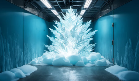 A stunning ice sculpture shaped like a frosty tree glows in a vibrant blue room. Surrounding it is...