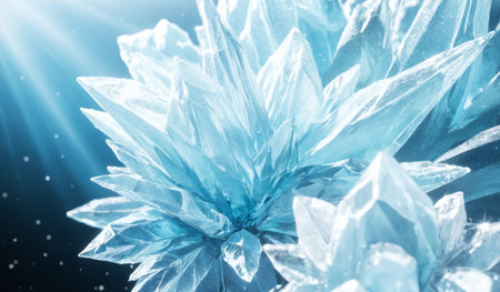 Intricate ice crystals sparkle brilliantly as sunlight filters through, creating a magical winter wonderland. The sharp edges and glacial hues reflect a serene atmosphere.の写真素材