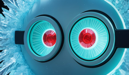 A whimsical robot character features bright red eyes surrounded by icy blue textures. This unique design showcases a blend of technology and nature, sparking curiosity and wonder.の写真素材