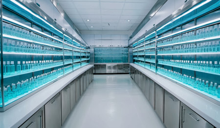A sleek laboratory features rows of illuminated shelves stocked with blue water bottles. The clean design and bright atmosphere create a striking and organized workspace for scientific exploration.の写真素材