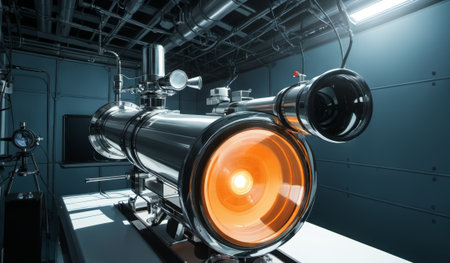 A sleek piece of machinery stands in a modern laboratory, shining with an orange glow. Metal tubes and wires twist around it, hinting at advanced technology and innovative experiments.の写真素材