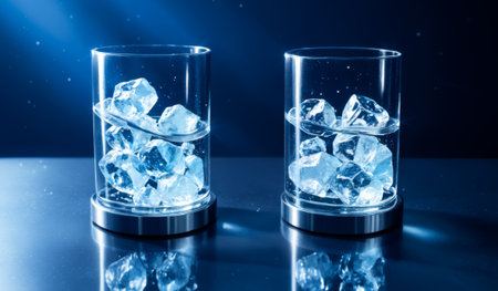 Two stylish glasses filled with crystal-clear water and sparkling ice cubes reflect light in a dark setting, creating a refreshing and inviting atmosphere perfect for a lively gathering.の写真素材