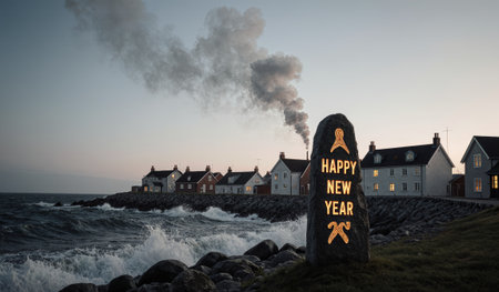 A coastal village greets the new year as waves crash against the shore. A stone bears the message Happy New Year while smoke rises in the distance, adding warmth to the chilly evening.の写真素材