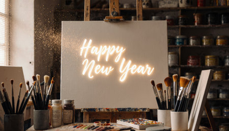 Brushes and paints surround a blank canvas in a cozy art studio, where festive letters spell out Happy New Year. Artistic vibes fill the air, inspiring creativity and joy within.の写真素材