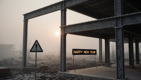 Amidst a frosty landscape, a bare construction site awakens as the sun rises. A bright display announces Happy New Year, contrasting the cold and stark environment.の写真素材