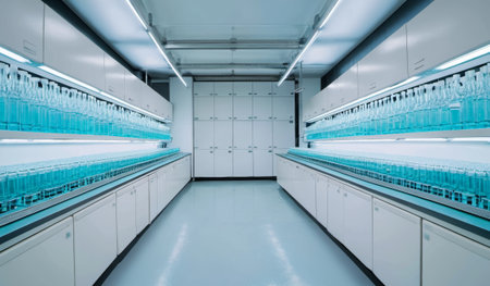 Bright and clean laboratory space with rows of glass containers filled with vibrant turquoise...