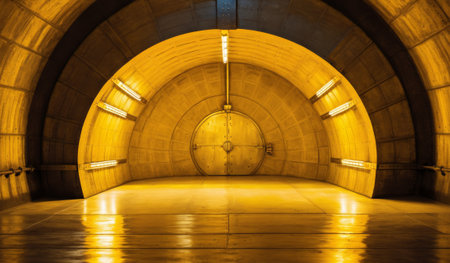 A spacious underground chamber features curved walls illuminated by warm yellow lights. A prominent metal door stands at the center, exuding an inviting yet mysterious atmosphere.の写真素材