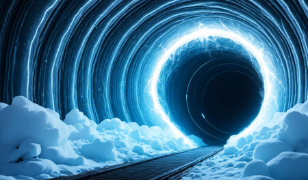 A brilliant tunnel of light emerges from darkness at dawn. Soft clouds surround the railway track leading into this enchanting, glowing portal, inviting exploration and wonder.の写真素材