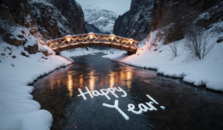 Snow blankets the ground as a warm bridge arches over a gently flowing river. Twinkling lights reflect off the water, creating a magical atmosphere.の写真素材